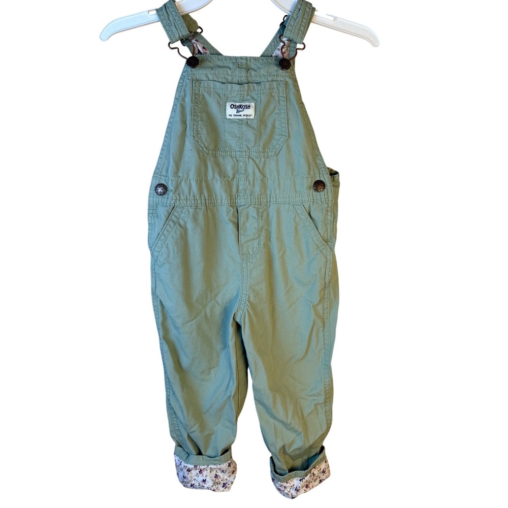 OshKosh Bgosh Toddler Girls Sage Green Floral Trim Bib Overalls 3T 2R300510